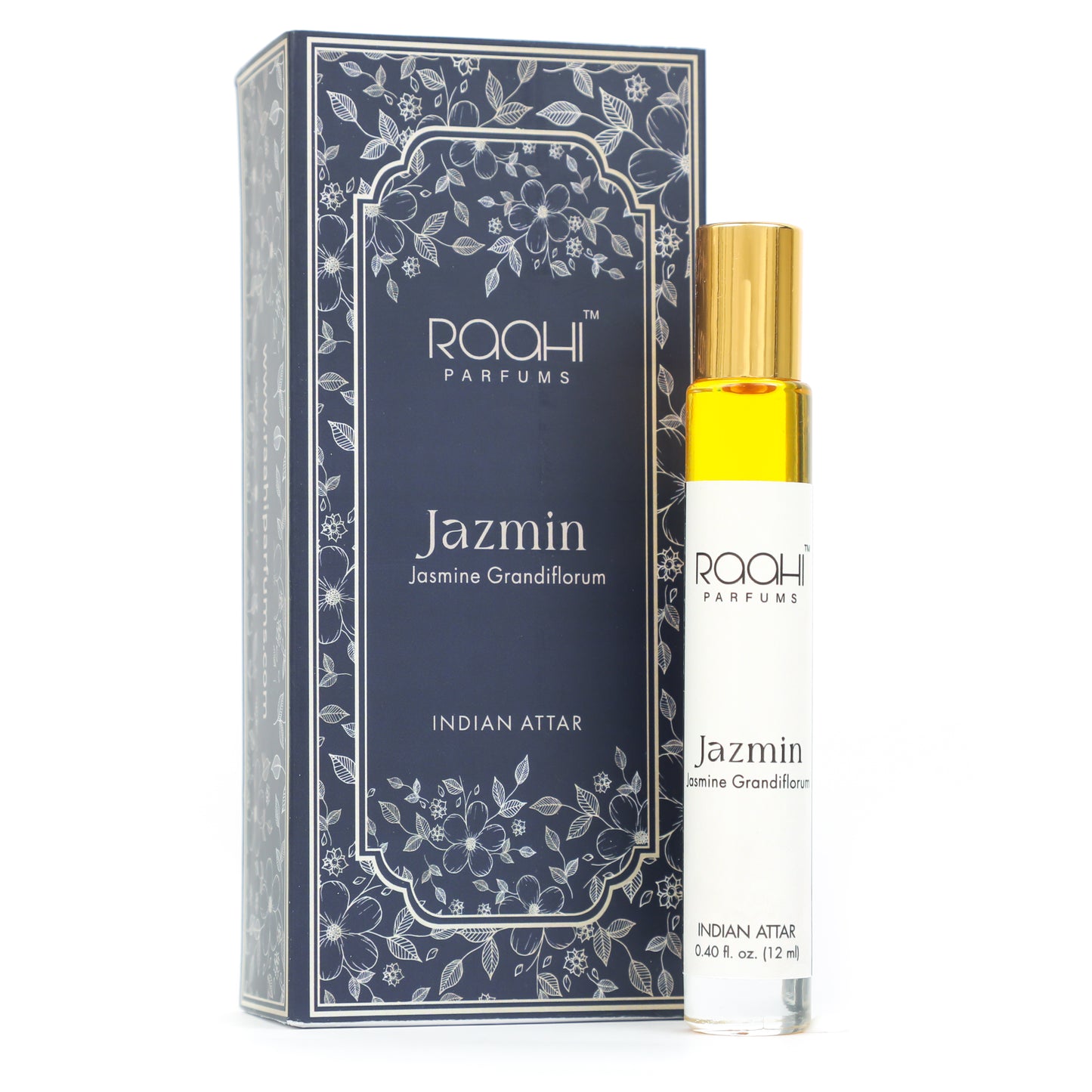 A sleek white roll-on perfume bottle with golden cap and yellow liquid labeled jazmin jasmine grandiflorum by raahi parfums