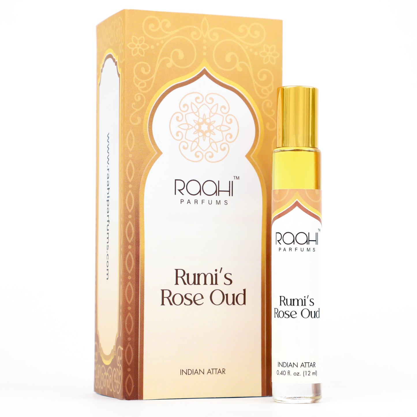 Gold-accented roll-on bottle of rumi’s rose oud indian attar by raahi parfums for 12ml fragrance use