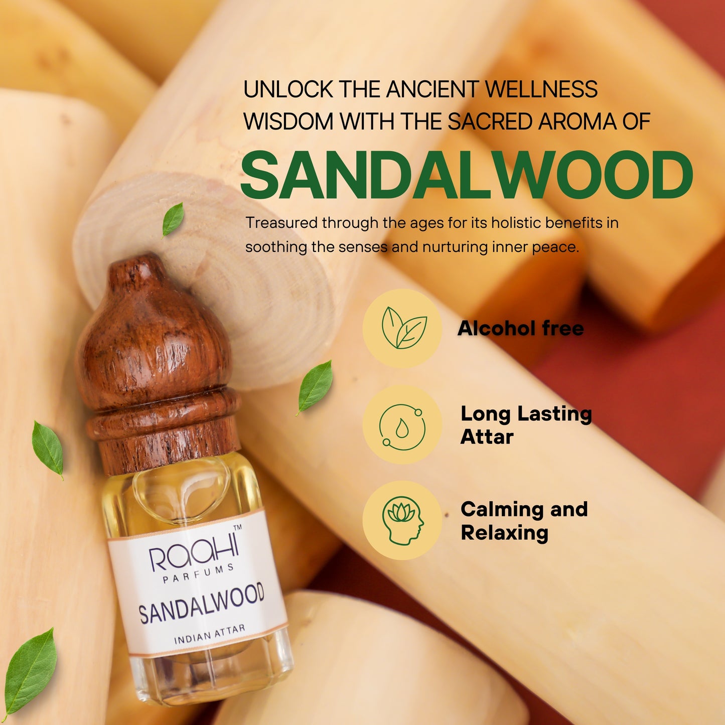 A small glass bottle of roahi parfums sandalwood indian attar with a dark brown wooden cap and label handcrafted in Kannauj