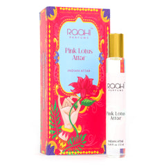 Pink lotus attar perfume in a clear glass rollerball bottle with gold cap and vibrant red and blue ornate packaging 12ml