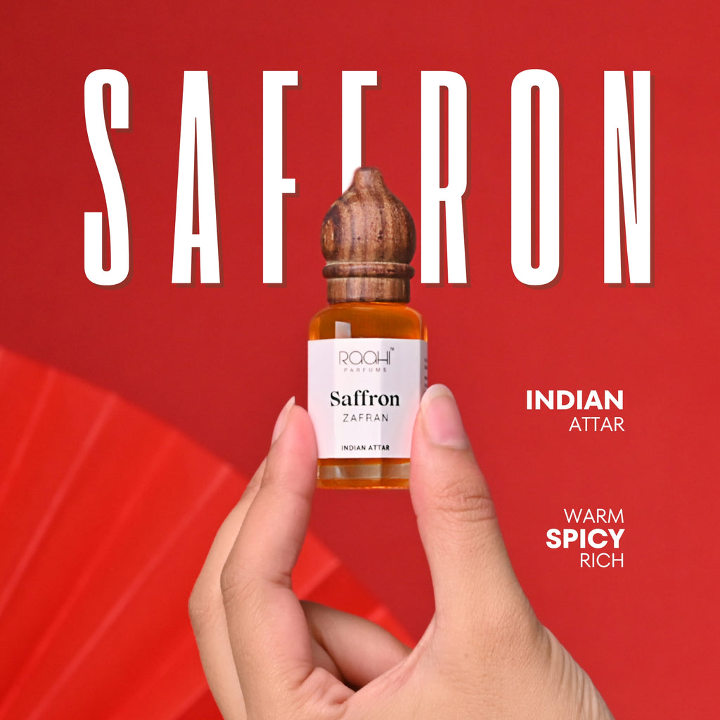 A small amber glass bottle with wooden stopper containing saffron indian attar handcrafted by rqch parfums in kannauj