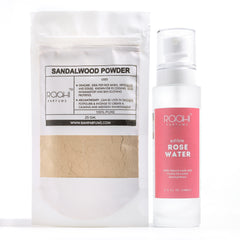 A sleek white pump bottle of roohi parfums edible rose water with a vibrant pink label in sandalwood powder plus rose water 100% pure